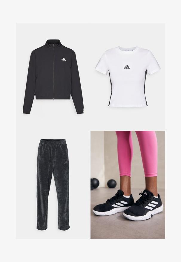adidas Performance TRAIN ESSENTIALS 3 STRIPES WARM UP - Treningsjakke - black/white; Hvit kortermet t-skjorte laget av bomull, med en svart Adidas-logo i et kvadratisk merke og svarte sidelister. Klassisk rund hals.; Grå, myk velourbukse med avslappet passform, med elastisk midje og subtile sidebånd. Lite logoakcent på låret.; Svarte treningssko med hvite striper, teksturert mesh-overdel og hvit såle. Brukt med rosa leggings, som viser frem treningsklær.
