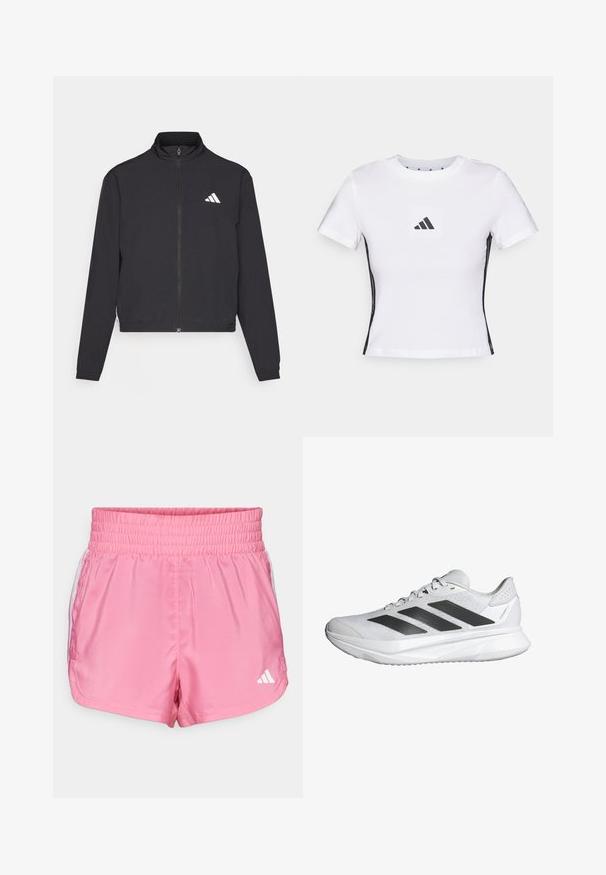 adidas Performance TRAIN ESSENTIALS 3 STRIPES WARM UP - Chaqueta de entrenamiento - black/white; Camiseta blanca de manga corta fabricada en algodón, con un logo de Adidas negro en un parche cuadrado y acentos laterales negros. Cuello redondo clásico.; Shorts deportivos rosas con una cinturilla elástica, que presentan detalles laterales blancos y un pequeño logotipo blanco en la esquina inferior derecha.; Zapato deportivo blanco con parte superior de malla transpirable, tres franjas negras, suela ligera y acentos texturizados en el talón para mayor soporte.