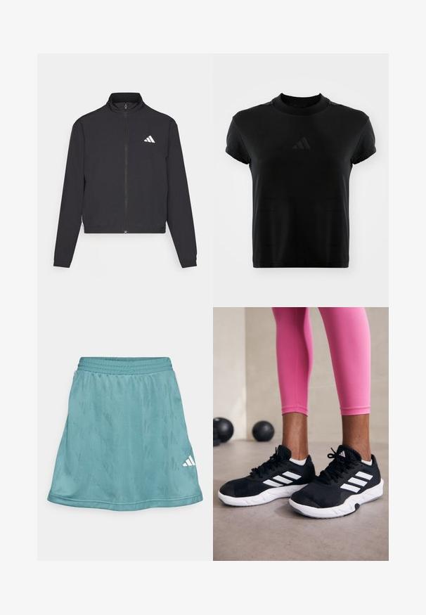 adidas Performance TRAIN ESSENTIALS 3 STRIPES WARM UP - Spordijakk - black/white; Must t-särk lühikeste varrukatega, mis on valmistatud siledast kangast. Omab ümmargust kaelust ja esiküljel on reljeefne Adidas logo.; Aqua värvi sportlik seelik tekstuuriga mustriga, elastse vöökohtaga ja valge Adidas logo alumises paremas nurgas. Sile kangas, põlve kõrgune.; Mustad must sportlikud jalanõud valgete triipudega, tekstureeritud võrkkattega ülemine osa ja valge tallaga. Kombineeritud roosade retuusidega, tutvustades treeningriideid.