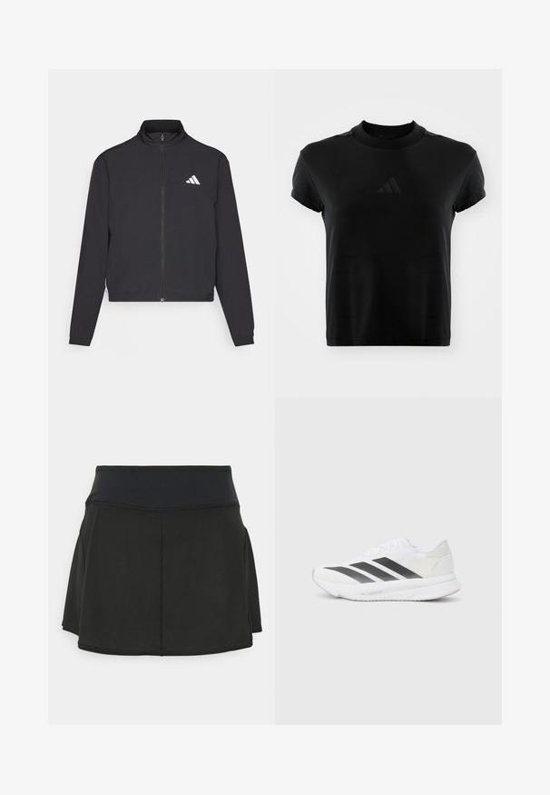 adidas Performance TRAIN ESSENTIALS 3 STRIPES WARM UP - Verryttelytakki - black/white; Mustahiidut musta t-särk lühikeste varrukatega, mis on valmistatud siledast kangast. Omab ümmargust kaelust ja esiküljel on reljeefne Adidas'i logo.; Mustat urheiluhameet, joissa on leveä elastinen vyötärö, teksturoitu kangas ja flare-muotoilu halkioilla, jotka helpottavat liikkuvuutta.; Valkoinen urheilukenkä, jossa on mustat viistot raidat, verkkosukka, pyöreä kärki ja teksturoitu pohja. Koristeina ovat hopeinen kantapää ja minimalistinen muotoilu.