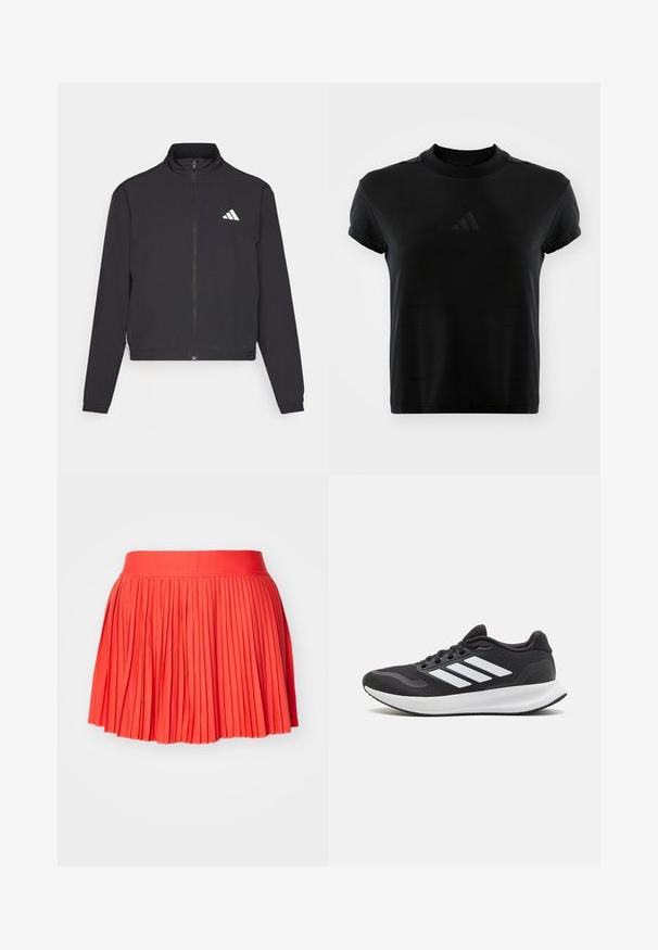 adidas Performance TRAIN ESSENTIALS 3 STRIPES WARM UP - Sportinė striukė - black/white; Juodas trumpomis rankovėmis marškinėliai, pagaminti iš lygaus audinio. Turi apvalų kaklą ir iškilų Adidas logotipą priekyje.; Raudona plisuota sijonas su plačiu juosmeniu, pagamintas iš lengvos medžiagos. Yra vertikalios plisyros, išsitenkančios visame drabužyje.; Juodas sportinis batelis su tinklo viršumi, apvalia nosimi ir trimis baltomis juostelėmis šone. Lengvas padas su tekstūruotu guminiu padu, užtikrinančiu sukibimą.
