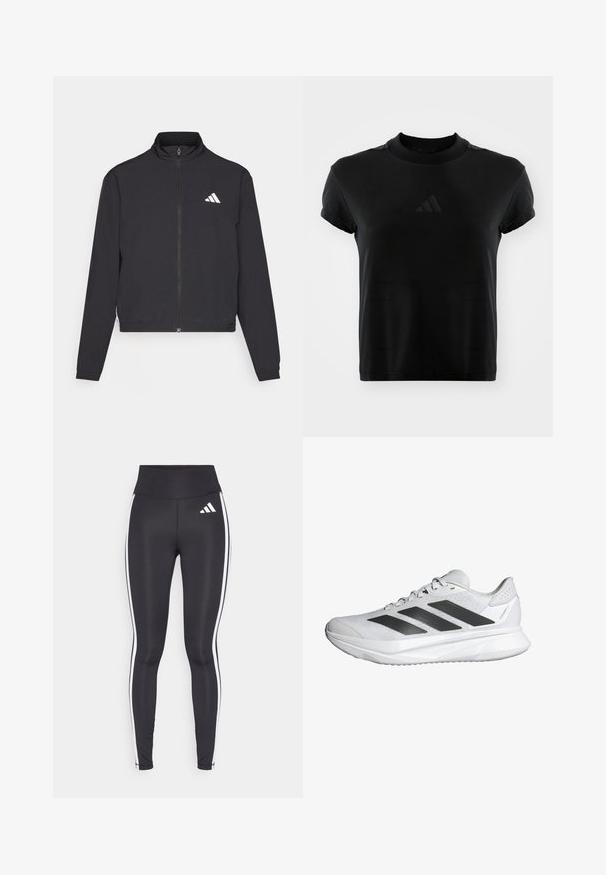 adidas Performance TRAIN ESSENTIALS 3 STRIPES WARM UP - Casaco de treino - black/white; T-shirt preta de manga curta feita de tecido liso. Apresenta um decote redondo e um logótipo da Adidas em relevo na parte da frente.; Leggings pretos com cintura alta, apresentando listras laterais brancas e um pequeno logotipo branco na parte superior da coxa esquerda. Feitas de material liso e elástico.; Sapatilha atlética branca com parte superior em malha respirável, três riscas pretas, sola leve e detalhes texturizados no calcanhar para suporte.
