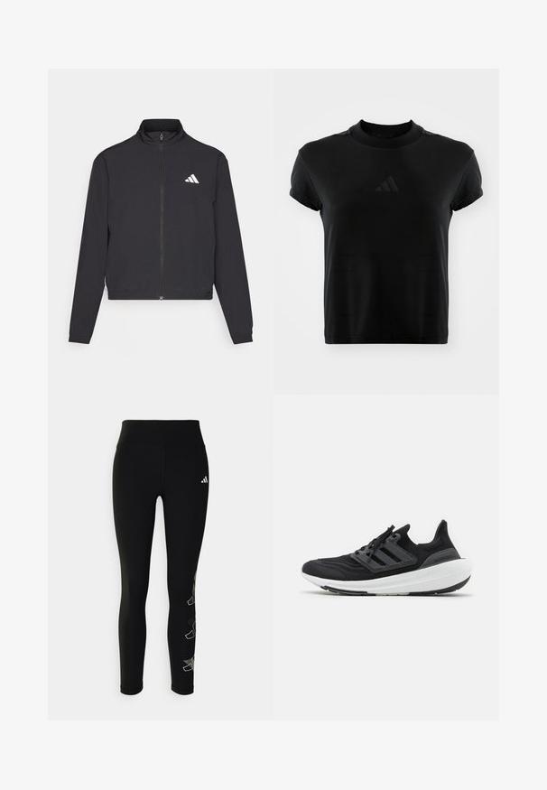 adidas Performance TRAIN ESSENTIALS 3 STRIPES WARM UP - Veste de survêtement - black/white; T-shirt noir à manches courtes en tissu lisse. Présente un col rond et un logo Adidas en relief sur le devant.; Leggings noirs en tissu extensible, avec une taille haute et un logo réfléchissant sur la hanche, ornés d'un design géométrique sur la jambe.; Chaussures de sport noires avec une tige en tricot, accents gris à trois bandes et une semelle blanche épaisse avec une semelle extérieure noire texturée.