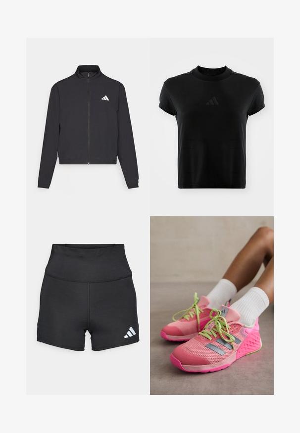 adidas Performance TRAIN ESSENTIALS 3 STRIPES WARM UP - Training jacket - black/white; Black short-sleeve t-shirt made of smooth fabric. Features a round neckline and an embossed Adidas logo on the front.; adidas Performance Leggings - black; adidas Performance DROPSET 3 - Training shoe - semi pink spark/iron metallic/silver dawn