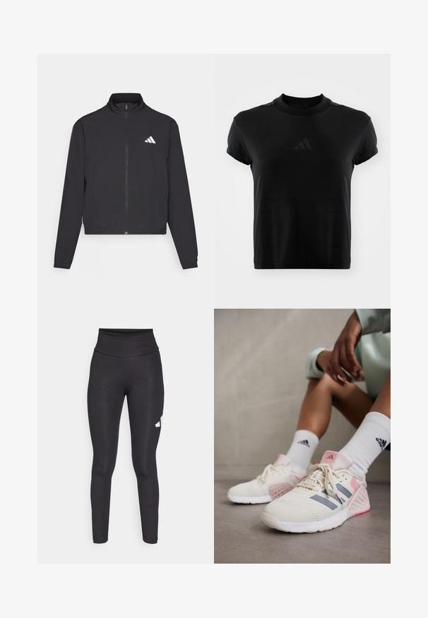 adidas Performance TRAIN ESSENTIALS 3 STRIPES WARM UP - Training jacket - black/white; Black short-sleeve t-shirt made of smooth fabric. Features a round neckline and an embossed Adidas logo on the front.; Black high-waisted leggings made from smooth, stretchy fabric, featuring a white logo on the left side. Fitted design with no patterns.; adidas Performance DROPSET 3 - Training shoe - chalk white/iron metallic/semi pink spark
