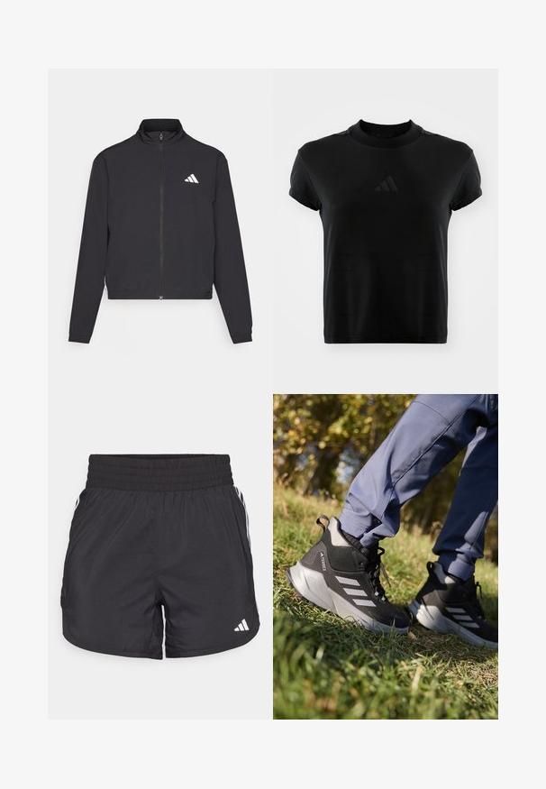 adidas Performance TRAIN ESSENTIALS 3 STRIPES WARM UP - Veste de survêtement - black/white; T-shirt noir à manches courtes en tissu lisse. Présente un col rond et un logo Adidas en relief sur le devant.; Shorts de sport noirs avec une taille élastique, des poches latérales et des accents de rayures blanches sur les côtés. Fabriqués en matériau léger.; Chaussures de randonnée noires et grises avec un dessus texturé, une semelle rembourrée et trois bandes argentées. Conçues pour les activités de plein air.