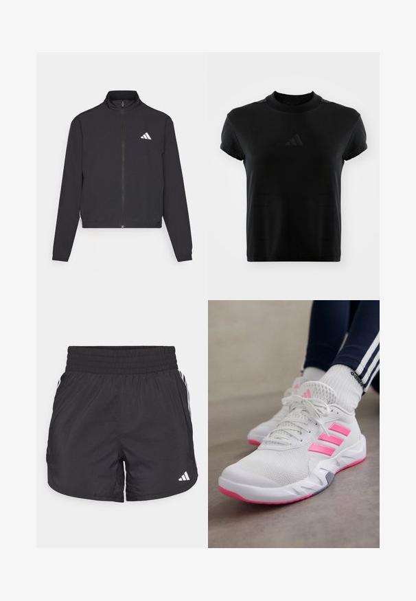 adidas Performance TRAIN ESSENTIALS 3 STRIPES WARM UP - Casaco de treino - black/white; T-shirt preta de manga curta feita de tecido liso. Apresenta um decote redondo e um logótipo da Adidas em relevo na parte da frente.; Calções de desporto pretos com um cós elástico, bolsos laterais e detalhes em lista branca nas laterais. Feitos de material leve.; Tênis brancos de desporto com riscas e solas cor-de-rosa, usados com meias brancas da Adidas e calças azul-marinho com riscas brancas, sobre um chão cinza.