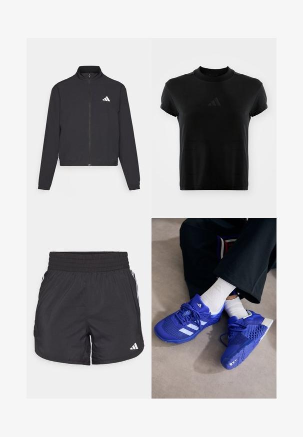 adidas Performance TRAIN ESSENTIALS 3 STRIPES WARM UP - Giacca sportiva - black/white; T-shirt nera a maniche corte realizzata in un tessuto morbido. Presenta un collo rotondo e un logo Adidas in rilievo sul davanti.; Pantaloni sportivi neri con elastico in vita, tasche laterali e strisce bianche ai lati. Realizzati in materiale leggero.; Scarpe da ginnastica blu royal con dettagli bianchi; tomaia in rete, lati testurizzati, suola in gomma spessa e sistema di allacciatura dettagliato.