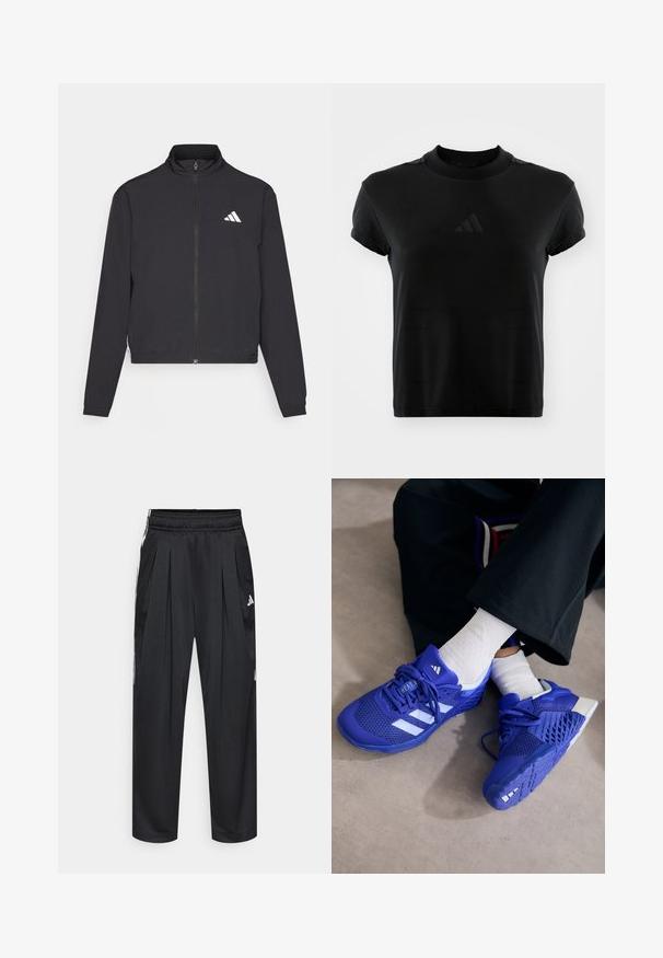 adidas Performance TRAIN ESSENTIALS 3 STRIPES WARM UP - Giacca sportiva - black/white; T-shirt nera a maniche corte realizzata in un tessuto morbido. Presenta un collo rotondo e un logo Adidas in rilievo sul davanti.; Pantaloni sportivi neri con pieghe, vita elastica e righe laterali. Realizzati in tessuto liscio, con il logo Adidas in bianco.; Scarpe da ginnastica blu royal con dettagli bianchi; tomaia in rete, lati testurizzati, suola in gomma spessa e sistema di allacciatura dettagliato.