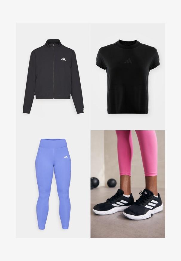 adidas Performance TRAIN ESSENTIALS 3 STRIPES WARM UP - Training jacket - black/white; Black short-sleeve t-shirt made of smooth fabric. Features a round neckline and an embossed Adidas logo on the front.; Purple ribbed leggings made of stretchy fabric, featuring a high waistband and a small white logo on the upper thigh.; Black athletic shoes with white stripes, textured mesh upper, and a white sole. Worn with pink leggings, showcasing training apparel.