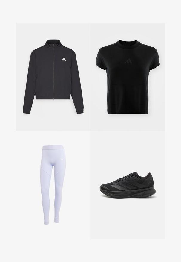 adidas Performance TRAIN ESSENTIALS 3 STRIPES WARM UP - Trainingsjacke - black/white; Schwarzes T-Shirt mit kurzen Ärmeln aus glattem Stoff. Verfügt über einen runden Halsausschnitt und ein erhabenes Adidas-Logo auf der Vorderseite.; Helle lila Leggings aus elastischem Stoff mit einem hohen Bund, versehen mit einem dezenten Logo und einem nahtlosen Seitenpanele-Design.; Schwarzer Laufschuh mit einem atmungsaktiven Mesh-Obermaterial, runder Zehenpartie, schlankem Design, strukturierten Akzenten und einer gepolsterten Sohle für Komfort.