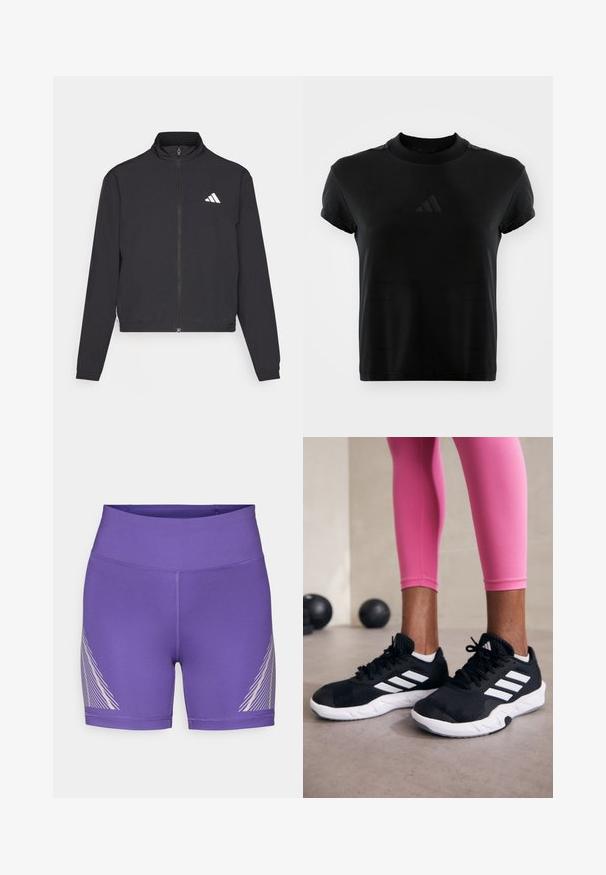 adidas Performance TRAIN ESSENTIALS 3 STRIPES WARM UP - Training jacket - black/white; Black short-sleeve t-shirt made of smooth fabric. Features a round neckline and an embossed Adidas logo on the front.; Purple athletic shorts made of stretch fabric with a high waistband and a diagonal white line pattern on the left side.; Black athletic shoes with white stripes, textured mesh upper, and a white sole. Worn with pink leggings, showcasing training apparel.