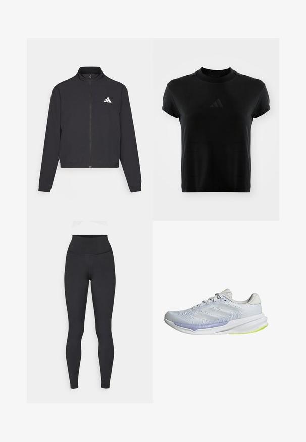 adidas Performance TRAIN ESSENTIALS 3 STRIPES WARM UP - Giacca sportiva - black/white; T-shirt nera a maniche corte realizzata in un tessuto morbido. Presenta un collo rotondo e un logo Adidas in rilievo sul davanti.; Leggings neri a vita alta realizzati in tessuto elasticizzato, caratterizzati da una texture liscia e un design aderente, senza loghi o motivi visibili.; Scarpa da ginnastica bianca con tomaia in rete traspirante, design texturizzato e dettagli in lavanda. Presenta una suola ammortizzata con dettagli verde sulla suola.