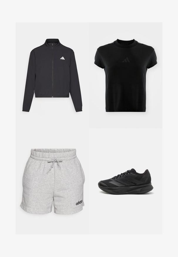 adidas Performance TRAIN ESSENTIALS 3 STRIPES WARM UP - Casaco de treino - black/white; T-shirt preta de manga curta feita de tecido liso. Apresenta um decote redondo e um logótipo da Adidas em relevo na parte da frente.; Calções de algodão cinzentos com cintura elástica, cordão ajustável e logótipo bordado em preto "adidas" na perna esquerda.; Sapatilha de corrida preta com parte superior em malha respirável, bico arredondado, design elegante, detalhes texturizados e sola acolchoada para conforto.