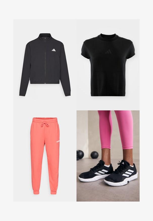 adidas Performance TRAIN ESSENTIALS 3 STRIPES WARM UP - Casaco de treino - black/white; T-shirt preta de manga curta feita de tecido liso. Apresenta um decote redondo e um logótipo da Adidas em relevo na parte da frente.; Calças de moletom corais com um cós elástico e cordão ajustável. Com punhos nos tornozelos e logotipo da Adidas em branco impresso no quadril.; Sapatos de treino pretos com riscas brancas, parte superior em malha texturizada e sola branca. Usados com leggings cor-de-rosa, destacando roupa de treino.