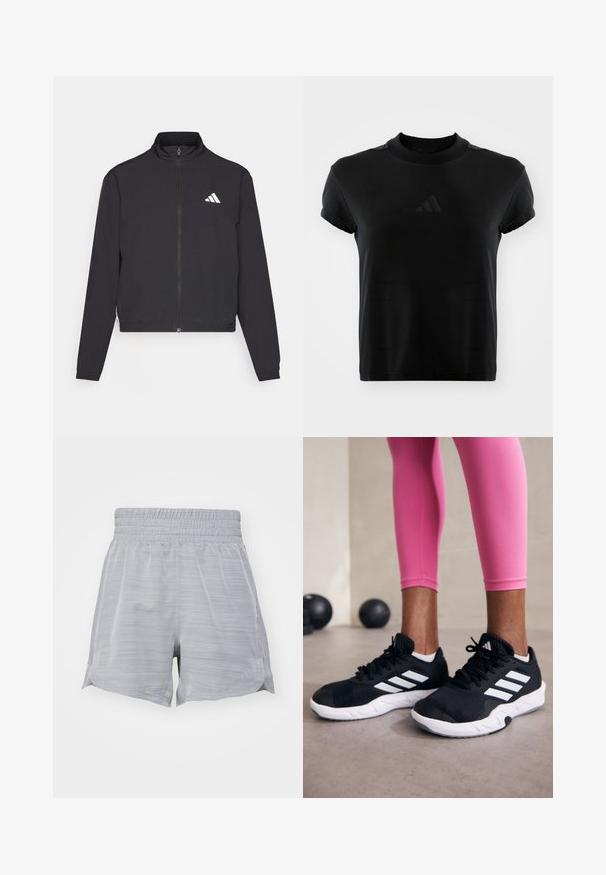 adidas Performance TRAIN ESSENTIALS 3 STRIPES WARM UP - Jakna za treniranje - black/white; Crna majica kratkih rukava napravljena od glatkog materijala. Ima okrugli izrez i utisnuti Adidas logo sprijeda.; Sive kratke sportske hlače s elastičnim pojasom, koje imaju teksturirani uzorak i bočne proreze za veću pokretljivost. Lagani materijal.; Crne atletske cipele s bijelim prugama, gornji dio od teksturirane mrežaste tkanine i bijelim potplatom. Nošene uz ružičaste tajice, prikazujući trenirku.