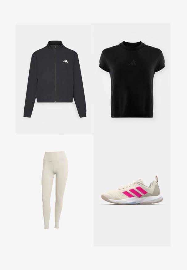 adidas Performance TRAIN ESSENTIALS 3 STRIPES WARM UP - Jakna za treniranje - black/white; Crna majica kratkih rukava napravljena od glatkog materijala. Ima okrugli izrez i utisnuti Adidas logo sprijeda.; Bež tajice od rastezljivog materijala s visokim strukom. Glatka tekstura, dizajn koji se tijesno prilagođava, bez vidljivih uzoraka ili metalnih dijelova.; Bež sportska cipela s ružičastim logotipom u obliku tri pruge, gornjište od teksturirane mrežice, podstavljeni ovratnik i bijela gumena đon, s "LIGHTSTRIKE" brendom.