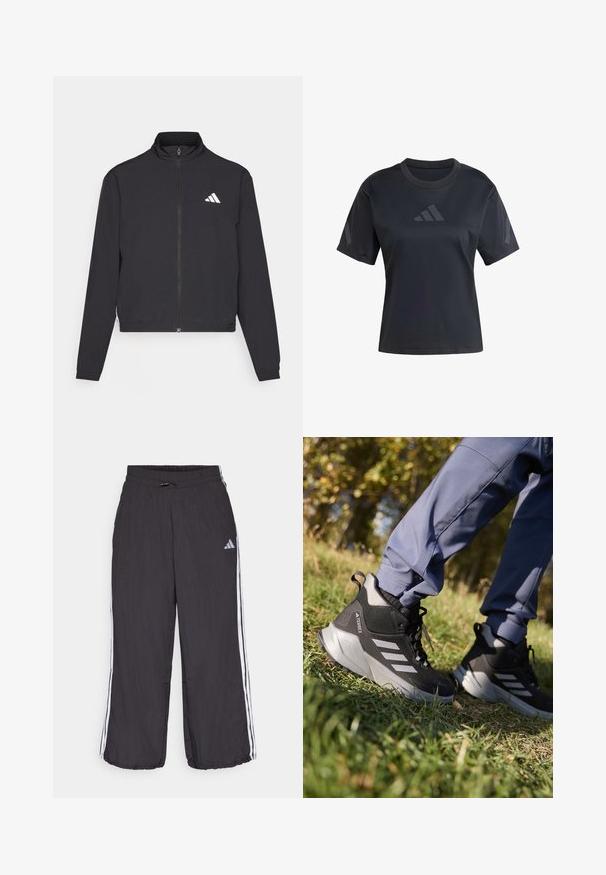 adidas Performance ESSENTIALS 3 STRIPES czarny; Czarna koszulka sportowa z krótkimi rękawami, okrągłym dekoltem i gładką teksturą. Posiada logo w tym samym kolorze z przodu i po bokach.; Czarne spodnie dresowe z elastycznym pasem, z białymi paskami po bokach i subtelnym logiem na górnej części lewej nogawki. Lekkie materiały.; Czarne i szare buty do wędrówki z teksturowaną cholewką, amortyzowaną podeszwą i trzema srebrnymi paskami. Zaprojektowane do aktywności na świeżym powietrzu.