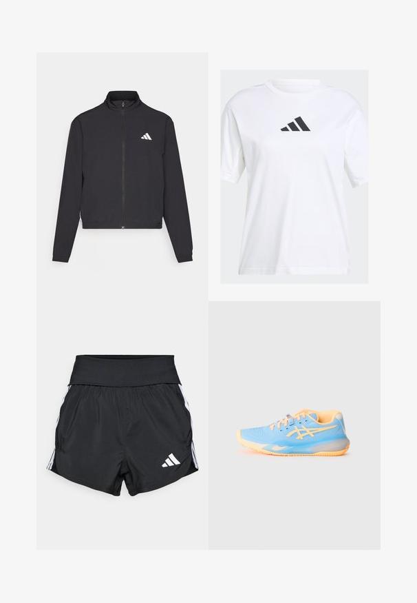 adidas Performance TRAIN ESSENTIALS 3 STRIPES WARM UP - Jakna za treniranje - black/white; Bijela pamučna majica s kratkim rukavima, koja na prsima ima crni Adidas logo u trokutastom dizajnu, s opuštenim krojem.; Crne atletske kratke hlače od laganog materijala, s širokim pojasom, bijelim bočnim trakama i malim bijelim logotipom na donjem rubu.; Svijetloplava atletska cipela s narančastim detaljima; mrežasti gornji dio, okrugli vrh i teksturirana potplat za prianjanje. Sadrži brendirane detalje i vezice.