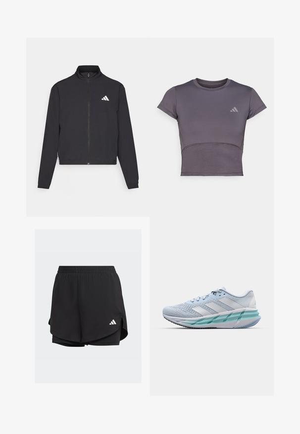 adidas Performance TRAIN ESSENTIALS 3 STRIPES WARM UP - Chaqueta de entrenamiento - black/white; Top corto atlético de manga corta en gris con un diseño ajustado. Presenta un cuerpo texturizado y un sutil acento de logo en el pecho. Acabado de tela suave.; Pantalones cortos deportivos negros con cintura elástica, diseño en capas, pantalones cortos interiores ajustados y un logo blanco en la parte inferior izquierda.; Zapatillas deportivas azul claro con un upper de punto texturizado, acentos blancos y una suela intermedia verde transparente. Punta redondeada y cuello acolchado.