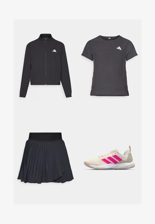 adidas Performance TRAIN ESSENTIALS 3 STRIPES WARM UP - Treningsjakke - black/white; Kortermet treningstrøye, mørkegrå med perforert tekstur. Har en hvit logo og kontrasterende side-striper. Rund halslinje.; Svart plisserte skjørt med bred elastisk midjebånd, laget av et glatt stoff med subtil glans, kne-lang med lagdelt design.; Beige atletik sko med rosa tre-stripes logo, teksturert mesh-overdel, polstret krage og hvit gummisåle, med "LIGHTSTRIKE" merke.
