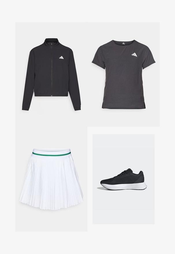 adidas Performance TRAIN ESSENTIALS 3 STRIPES WARM UP - Tréningová bunda - black/white; Tričko s krátkym rukávom pre šport, tmavosivé s perforovanou textúrou. Obsahuje biele logo a kontrastné bočné pruhy. Okrúhly výstrih.; Biele skládané sukne so zeleným elastickým pásom. Má ostré, rovnomerne rozmiestnené záhyby, ktoré vytvárajú ľahkú, vzdušnú textúru.; Čierne športové topánky s priedušným sieťovaným zvrškom, bielou medzipodrážkou a elegantným, zakriveným dizajnom; obsahujú šnúrky a robustnú gumovú podrážku.