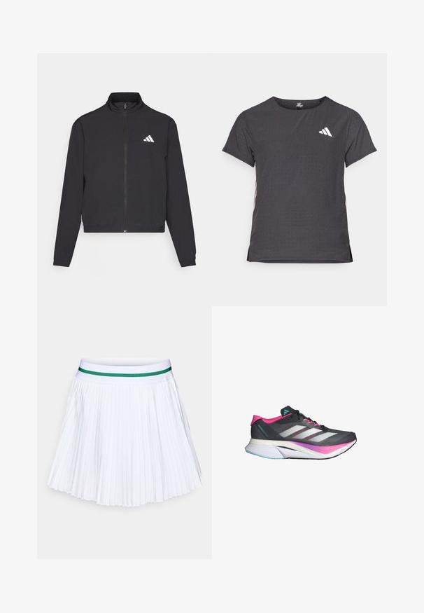 adidas Performance TRAIN ESSENTIALS 3 STRIPES WARM UP - Jakna za treniranje - black/white; Majica kratkih rukava za sport, tamno siva s perforiranim uzorkom. Ima bijeli logo i kontrastne bočne pruge. Zaobljeni izrez.; Bijela plisirana suknja s čvrstim zelenim elastičnim pojasom. Ima oštre, ravnomjerno raspoređene nabore, stvarajući laganu, prozračnu teksturu.; Trkaća obuća s gornjim dijelom od sive mrežice, ružičastim akcentima i bijelim prugama. Ima podstavljeni potplat i elegantan, aerodinamičan dizajn.