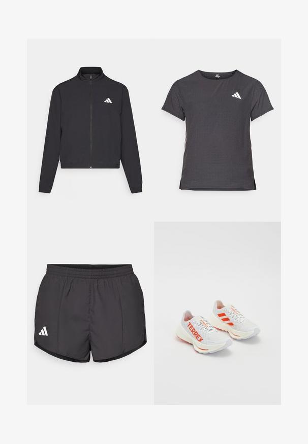 adidas Performance TRAIN ESSENTIALS 3 STRIPES WARM UP - Jakna za treniranje - black/white; Majica kratkih rukava za sport, tamno siva s perforiranim uzorkom. Ima bijeli logo i kontrastne bočne pruge. Zaobljeni izrez.; Crne atletske kratke hlače od laganog materijala, s elastičnim pojasom i bijelim Adidas logotipom na donjoj lijevoj strani.; Bijele tenisice za trčanje s narančastim detaljima. Mrežasti materijal, zaobljeni vrh i debeli međupodstava. "TERREX" otisnut na bočnoj strani i tri pruge na peti.