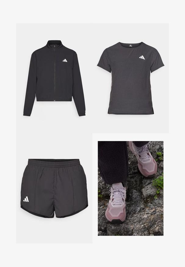 adidas Performance TRAIN ESSENTIALS 3 STRIPES WARM UP - Bluză de trening - black/white; Tricou athletic cu mânecă scurtă, gri închis, cu textură perforată. Prezentă un logo alb și dungi contrastante pe laterale. Guler rotunjit.; Pantaloni scurți atletici negri, confecționați dintr-un material ușor, cu un brâu elastic și un logo alb Adidas pe partea stângă jos.; Adidași atletici de culoare violet deschis, cu un superior din plasă texturată, vârf întărit și talpă din cauciuc, poziționați pe un teren stâncos, cu accente verzi.