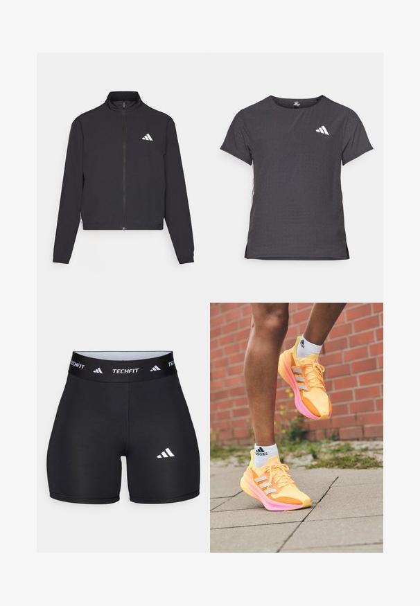 adidas Performance TRAIN ESSENTIALS 3 STRIPES WARM UP - Giacca sportiva - black/white; T-shirt atletico a maniche corte, grigio scuro con texture perforata. Presenta un logo bianco e strisce laterali a contrasto. Girocollo.; Shorts neri realizzati in tessuto elastico con un design aderente. Presentano una larga fascia in vita nera etichettata "TECHFIT" e un logo bianco sulla gamba.; Scarpe da corsa giallo brillante con accenti rosa e strisce bianche, dotate di una tomaia in rete, design leggero e suola testurizzata.