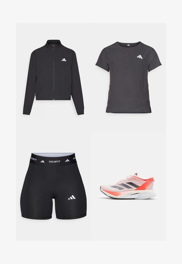 adidas Performance TRAIN ESSENTIALS 3 STRIPES WARM UP - Treningsjakke - black/white; Kortermet treningstrøye, mørkegrå med perforert tekstur. Har en hvit logo og kontrasterende side-striper. Rund halslinje.; Svart shorts laget av elastisk stoff med en tettsittende design. Har en bred svart midjebånd merket "TECHFIT" og en hvit logo på benet.; adidas Performance ADIZERO BOSTON 12 - Løpesko for vei - sandy pink aurora met solar red