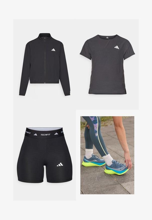 adidas Performance TRAIN ESSENTIALS 3 STRIPES WARM UP - Bluză de trening - black/white; Tricou athletic cu mânecă scurtă, gri închis, cu textură perforată. Prezentă un logo alb și dungi contrastante pe laterale. Guler rotunjit.; Scurturi negre dintr-un material elastic, cu un design ajustat. Dispun de un brâu lat negru, inscripționat cu "TECHFIT" și un logo alb pe picior.; Saucony ENDORPHIN PRO 4 - Pantofi de alergare pe asfalt - mirage/citron