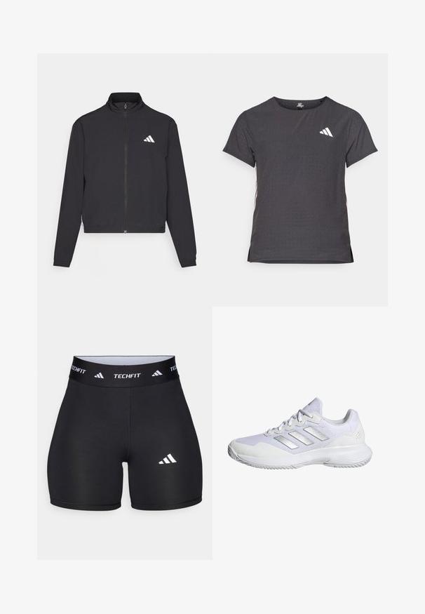 adidas Performance TRAIN ESSENTIALS 3 STRIPES WARM UP - Sportovní bunda - black/white; Kraťasový sportovní tričko, tmavě šedé barvy s perforovanou texturou. Obsahuje bílé logo a kontrastní boční pruhy. Kulatý výstřih.; Černé šortky vyrobené z pružného materiálu s přiléhavým střihem. Vybaveny širokým černým páskem se označením "TECHFIT" a bílým logem na noze.; Bílé sportovní tenisky s vrchní částí ze síťoviny, texturovanými panely a stříbrnými akcenty. Disponují polstrovanou podrážkou a kulatou špičkou.