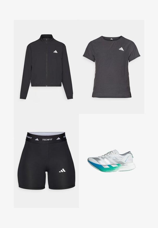 adidas Performance TRAIN ESSENTIALS 3 STRIPES WARM UP - Casaco de treino - black/white; T-shirt atlético de mangas curtas, cinza escuro com textura perfurada. Apresenta um logo branco e riscas laterais contrastantes. Decote arredondado.; Calções pretos feitos de um tecido elástico com um design ajustado. Apresentam uma ampla faixa na cintura preta rotulada como "TECHFIT" e um logótipo branco na perna.; Sapatilha de corrida branca com detalhes em prateado, sola em gradiente de azul para verde, parte superior texturizada e três riscas diagonais de lado.