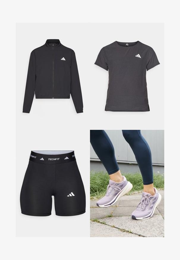 adidas Performance TRAIN ESSENTIALS 3 STRIPES WARM UP - Training jacket - black/white; Short-sleeve athletic t-shirt, dark gray with perforated texture. Features a white logo and contrasting side stripes. Rounded neckline.; Black shorts made from stretchy fabric with a fitted design. Features a wide black waistband labeled "TECHFIT" and a white logo on the leg.; adidas Performance SUPERNOVA RISE W - Road running shoes - preloved fig/putty mauve/shadow violet