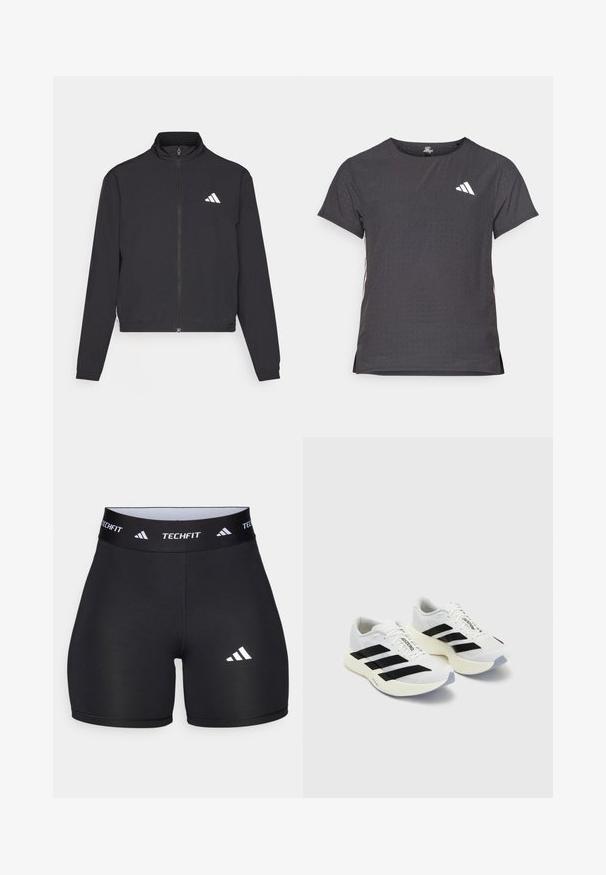 adidas Performance TRAIN ESSENTIALS 3 STRIPES WARM UP - Sportovní bunda - black/white; Kraťasový sportovní tričko, tmavě šedé barvy s perforovanou texturou. Obsahuje bílé logo a kontrastní boční pruhy. Kulatý výstřih.; Černé šortky vyrobené z pružného materiálu s přiléhavým střihem. Vybaveny širokým černým páskem se označením "TECHFIT" a bílým logem na noze.; Bílé sportovní boty s černými pruhy a logem, s vrchní částí z prodyšné síťoviny, zaoblenou špičkou a silnou krémovou podešví pro pohodlí.