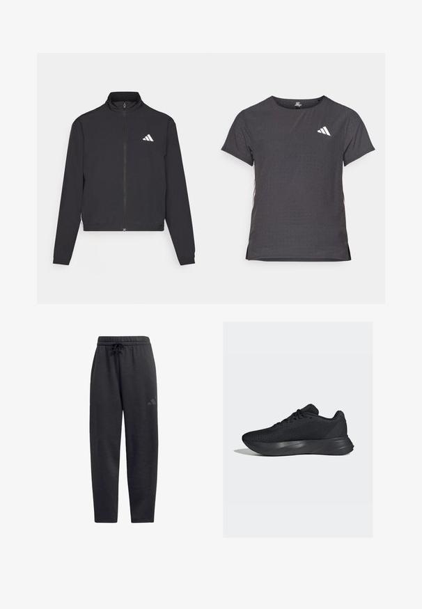 adidas Performance TRAIN ESSENTIALS 3 STRIPES WARM UP - Trainingsvest - black/white; Korte mouwen sport t-shirt, donkergrijs met geperforeerde textuur. Bevat een wit logo en contrasterende zijstrepen. Ronde halslijn.; Zwarte sweatpants van zacht materiaal, met een elastische tailleband en een trekkoord, rechte pijpen en een subtiel logo op de bovenbeen.; Zwarte sportschoenen met een bovenwerk van gaas, een gestructureerd oppervlak en een gevormde tussenzool voor ondersteuning. Voorzien van traditionele veters en een gevoerde hiel.