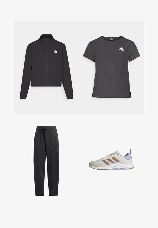 adidas Performance TRAIN ESSENTIALS 3 STRIPES WARM UP - Trainingsjacke - black/white; Kurze Ärmel Sport-T-Shirt, dunkelgrau mit durchbrochener Textur. Enthält ein weißes Logo und kontrastierende Seitenstreifen. Runder Ausschnitt.; Schwarze Sweatpants aus weichem Stoff, mit einem elastischen Bund und Kordelzug, geraden Beinen und einem dezenten Logo auf dem Oberschenkel.; adidas Performance EVERYSET VERSATILE - Trainingsschuh - chalk white warm clay violet tone