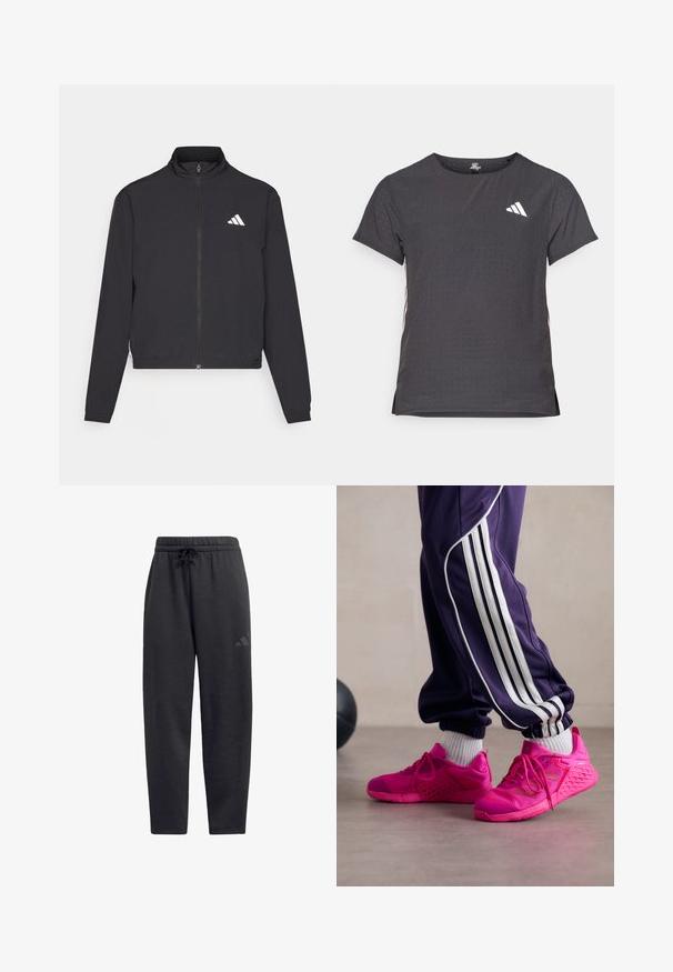 adidas Performance TRAIN ESSENTIALS 3 STRIPES WARM UP - Training jacket - black/white; Short-sleeve athletic t-shirt, dark gray with perforated texture. Features a white logo and contrasting side stripes. Rounded neckline.; Black sweatpants made of soft fabric, featuring an elastic waistband with a drawstring, straight legs, and a discreet logo on the thigh.; Pink athletic shoes with mesh and rubber materials, featuring a textured sole, laces, and a lightweight design. Paired with purple tracksuit pants.