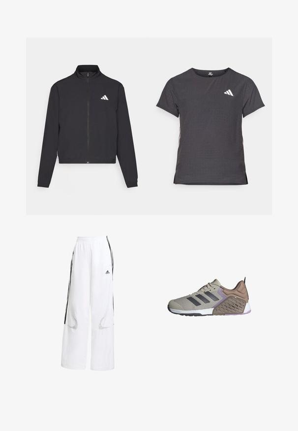 adidas Performance TRAIN ESSENTIALS 3 STRIPES WARM UP - Jakna za treniranje - black/white; Majica kratkih rukava za sport, tamno siva s perforiranim uzorkom. Ima bijeli logo i kontrastne bočne pruge. Zaobljeni izrez.; Bijele sportske hlače s laganim krojem, s crnim bočnim prugama, elastičnom pasicom i mrežastim izrezima za ventilaciju.; Bežna atletska cipela s sivim akcentima, teksturirana mrežasta gornja strana, podstavljeni ovratnik i potplat dualne gustoće s uzorkovanim dizajnom i ljubičastim detaljima.