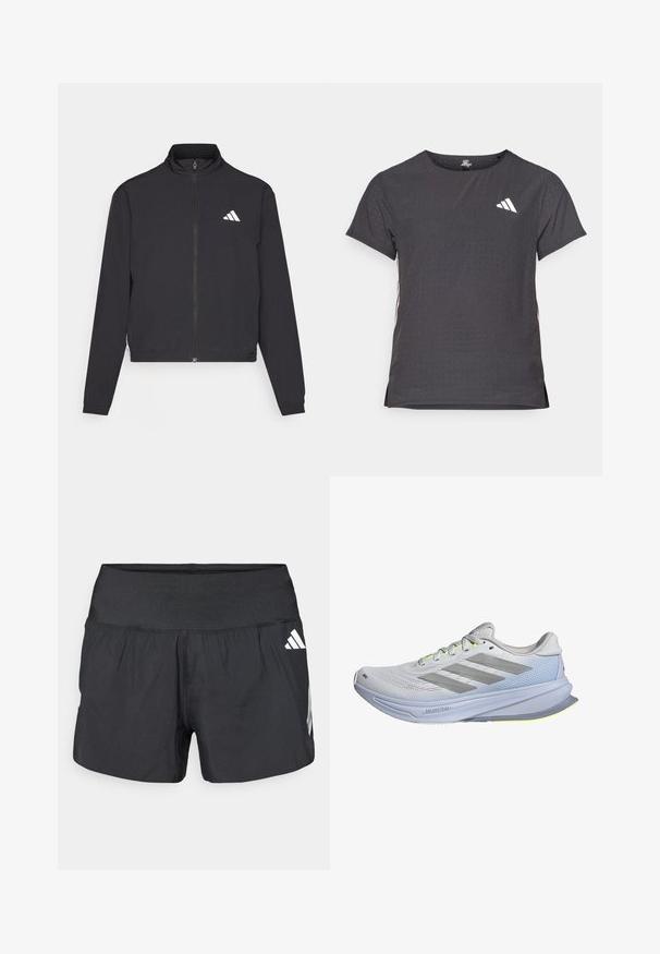 adidas Performance TRAIN ESSENTIALS 3 STRIPES WARM UP - Sportovní bunda - black/white; Kraťasový sportovní tričko, tmavě šedé barvy s perforovanou texturou. Obsahuje bílé logo a kontrastní boční pruhy. Kulatý výstřih.; Černé sportovní šortky s širokým elastickým pasem, lehkou tkaninou a bílými logy na dolní straně.; Běžecké boty s lehkým síťovaným svrškem v bílé barvě, doplněné šedými pruhy. Podešev má mírný oblouk a neonově žluté akcenty.