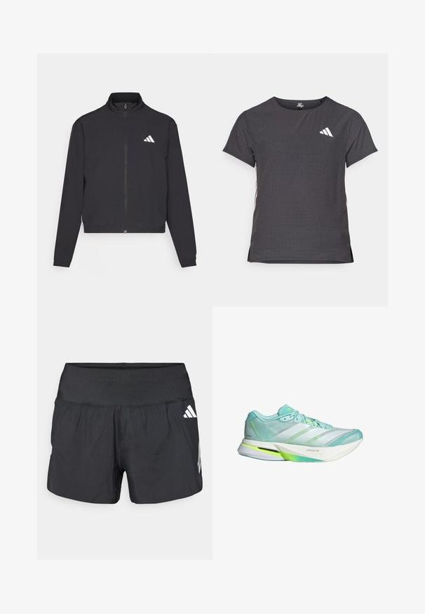 adidas Performance TRAIN ESSENTIALS 3 STRIPES WARM UP - Veste de survêtement - black/white; T-shirt de sport à manches courtes, gris foncé avec une texture perforée. Présente un logo blanc et des rayures latérales contrastantes. Encolure arrondie.; Shorts athlétiques noirs avec une large ceinture élastique, un tissu léger et des accents de logo blanc sur le bas côté.; Chaussure de course légère en vert menthe et blanc, avec une tige en maille et une semelle flexible. Elle présente trois rayures et un contre-pointe texturé.