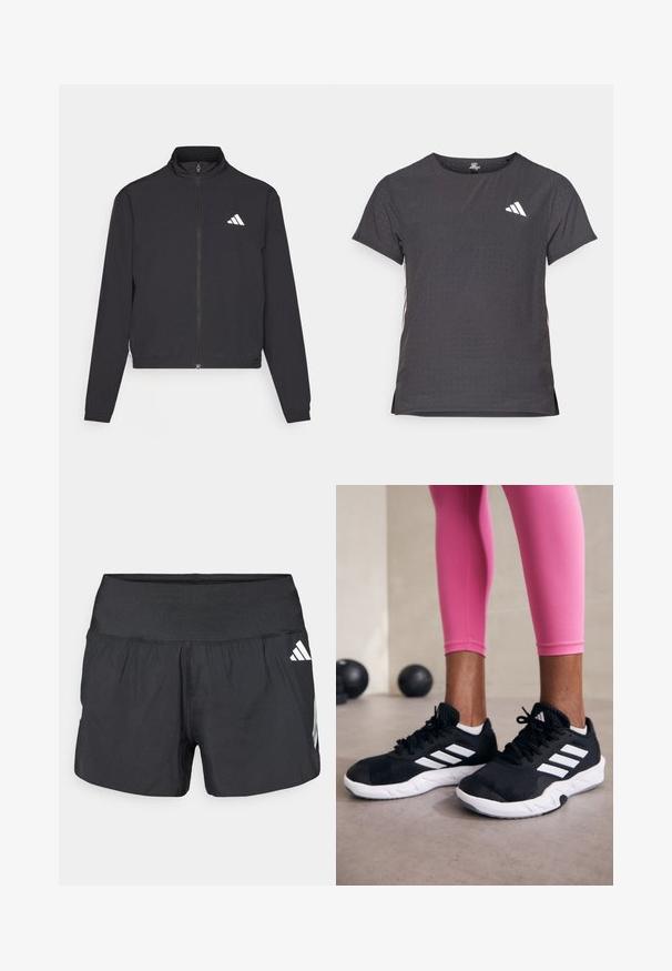 adidas Performance TRAIN ESSENTIALS 3 STRIPES WARM UP - Chaqueta de entrenamiento - black/white; Camiseta atlética de manga corta, gris oscuro con textura perforada. Presenta un logo blanco y rayas laterales en contraste. Escote redondeado.; Pantalones cortos deportivos negros con una amplia cintura elástica, tela ligera y detalles de logo blancos en el lateral inferior.; Zapatillas deportivas negras con rayas blancas, parte superior de malla texturizada y suela blanca. Combinadas con leggings rosa, exhibiendo ropa de entrenamiento.