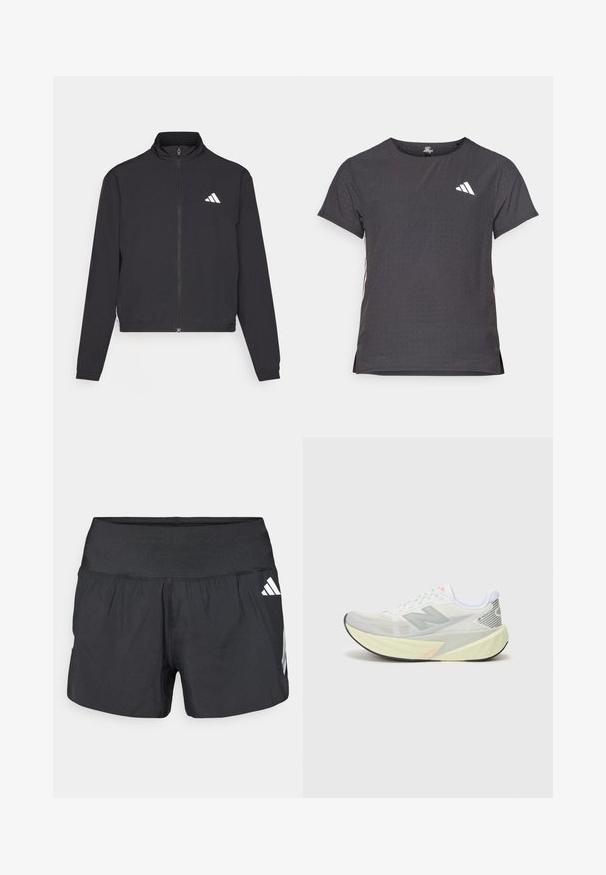 adidas Performance TRAIN ESSENTIALS 3 STRIPES WARM UP - Trainingsjacke - black/white; Kurze Ärmel Sport-T-Shirt, dunkelgrau mit durchbrochener Textur. Enthält ein weißes Logo und kontrastierende Seitenstreifen. Runder Ausschnitt.; Schwarze Sportshorts mit einem breiten elastischen Bund, leichtem Stoff und weißen Logoakzenten an der unteren Seite.; Leichter Laufschuh mit einem grauen und weißen Mesh-Obermaterial, einem auffälligen 'N'-Logo und einer gelben Mittelsohle mit schrägen Akzenten. Schwarze Außensohle.