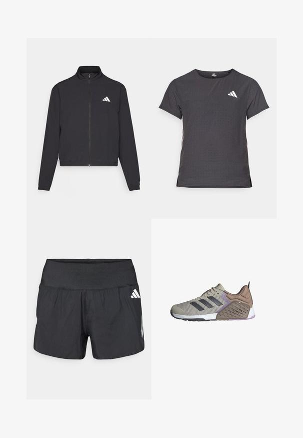 adidas Performance TRAIN ESSENTIALS 3 STRIPES WARM UP - Jakna za treniranje - black/white; Majica kratkih rukava za sport, tamno siva s perforiranim uzorkom. Ima bijeli logo i kontrastne bočne pruge. Zaobljeni izrez.; Crne sportske kratke hlače s širokim elastičnim pojasom, laganom tkaninom i bijelim logotipom na donjoj strani.; Bežna atletska cipela s sivim akcentima, teksturirana mrežasta gornja strana, podstavljeni ovratnik i potplat dualne gustoće s uzorkovanim dizajnom i ljubičastim detaljima.