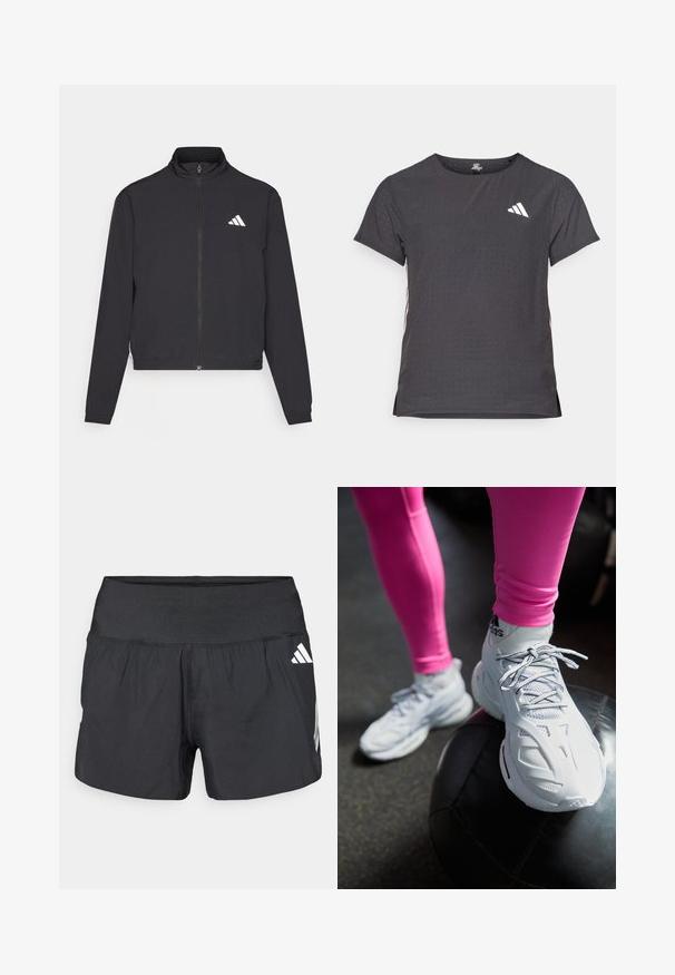 adidas Performance TRAIN ESSENTIALS 3 STRIPES WARM UP - Training jacket - black/white; Short-sleeve athletic t-shirt, dark gray with perforated texture. Features a white logo and contrasting side stripes. Rounded neckline.; Black athletic shorts featuring a wide elastic waistband, lightweight fabric, and white logo accents on the lower side.; White athletic shoes with mesh and synthetic overlays, featuring laces, curved design, resting on a black medicine ball, against a dark background.