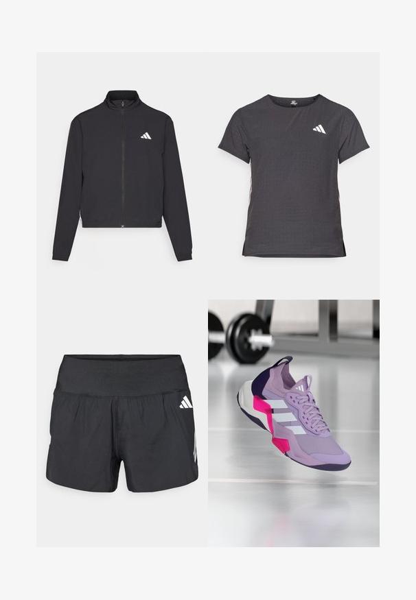 adidas Performance TRAIN ESSENTIALS 3 STRIPES WARM UP - Giacca sportiva - black/white; T-shirt atletico a maniche corte, grigio scuro con texture perforata. Presenta un logo bianco e strisce laterali a contrasto. Girocollo.; Pantaloncini sportivi neri con una fascia elastica larga in vita, tessuto leggero e dettagli del logo bianco sul lato inferiore.; Scarpa sportiva viola con tomaia in rete, strisce bianche, accenti rosa e neri, collo imbottito e suola testurizzata, progettata per le prestazioni.