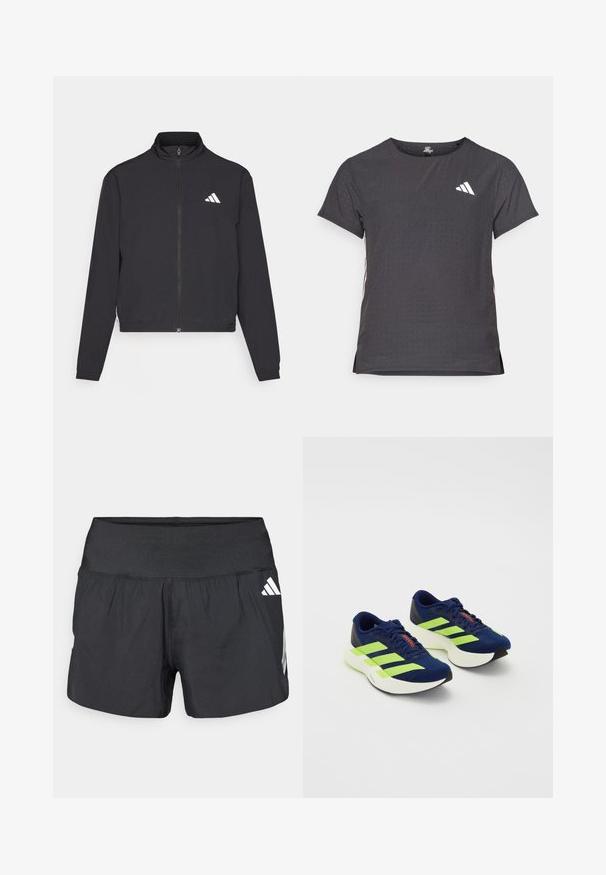 adidas Performance TRAIN ESSENTIALS 3 STRIPES WARM UP - Jakna za treniranje - black/white; Majica kratkih rukava za sport, tamno siva s perforiranim uzorkom. Ima bijeli logo i kontrastne bočne pruge. Zaobljeni izrez.; Crne sportske kratke hlače s širokim elastičnim pojasom, laganom tkaninom i bijelim logotipom na donjoj strani.; Tamno plave tenisice za trčanje s neon zelenim prugama, teksturirani gornji dio, podstavljeni bijeli đon, vezivanje na vezice i crveni naglasak na jeziku.