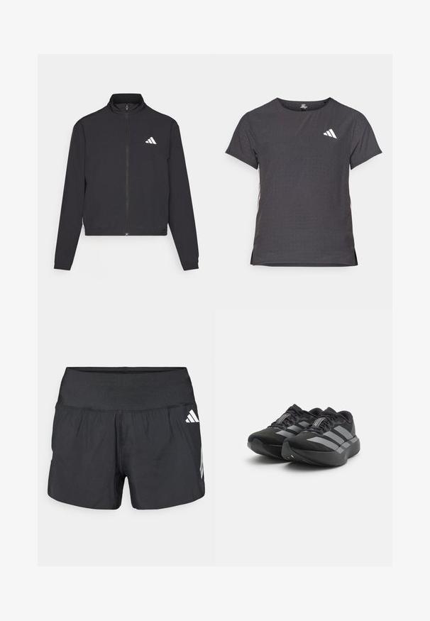 adidas Performance TRAIN ESSENTIALS 3 STRIPES WARM UP - Trainingsjacke - black/white; Kurze Ärmel Sport-T-Shirt, dunkelgrau mit durchbrochener Textur. Enthält ein weißes Logo und kontrastierende Seitenstreifen. Runder Ausschnitt.; Schwarze Sportshorts mit einem breiten elastischen Bund, leichtem Stoff und weißen Logoakzenten an der unteren Seite.; Ein Paar schwarze Adidas Adizero Laufschuhe mit grauen Streifen, dicken Sohlen und Schnürsenkeln auf einem weißen Hintergrund.