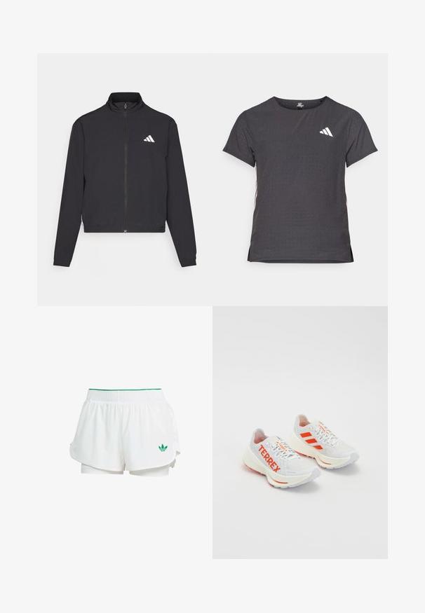 adidas Performance TRAIN ESSENTIALS 3 STRIPES WARM UP - Jakna za treniranje - black/white; Majica kratkih rukava za sport, tamno siva s perforiranim uzorkom. Ima bijeli logo i kontrastne bočne pruge. Zaobljeni izrez.; Bijele atletske kratke hlače s višeslojnim dizajnom, elastičnim pojasom, zelenim naglascima i malim zelenim logotipom na donjoj lijevoj strani.; Bijele tenisice za trčanje s narančastim detaljima. Mrežasti materijal, zaobljeni vrh i debeli međupodstava. "TERREX" otisnut na bočnoj strani i tri pruge na peti.